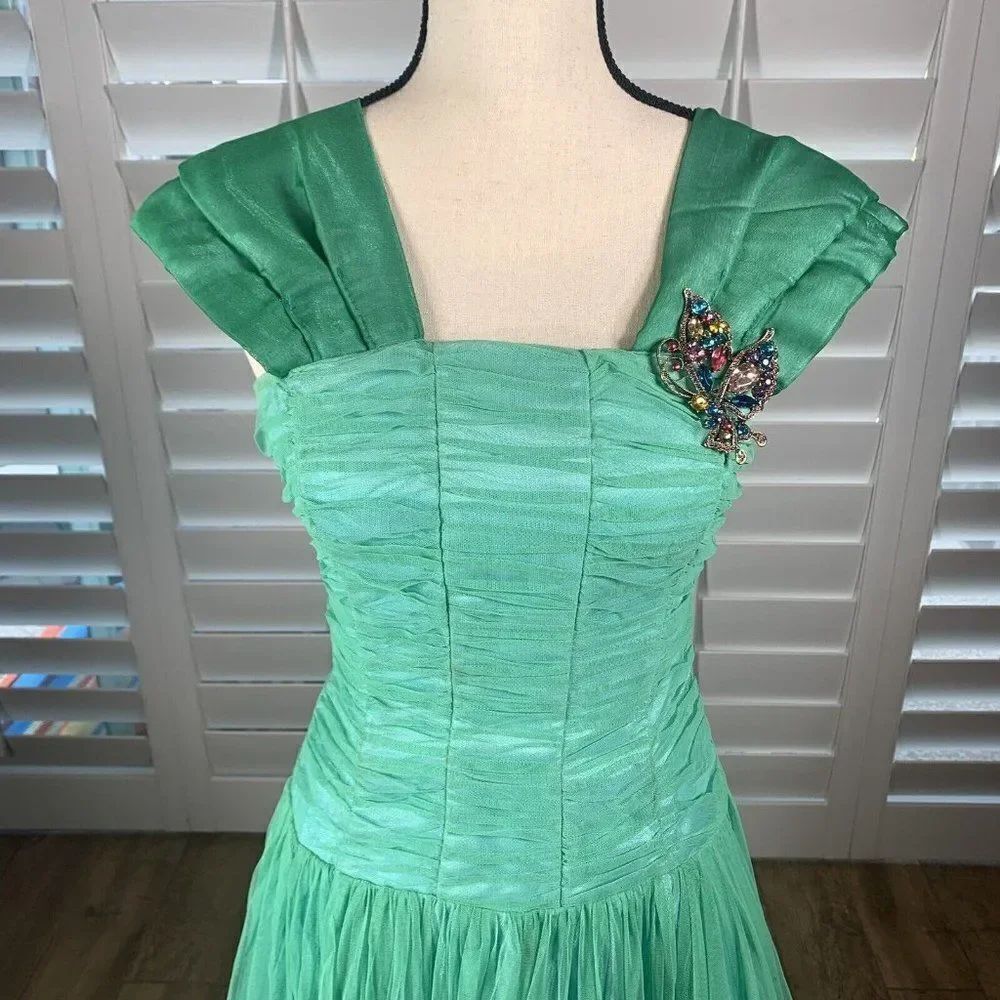 Vtg Green Tulle Prom Dress Small Formal Ball Gown Costume 80s Butterfly Pin